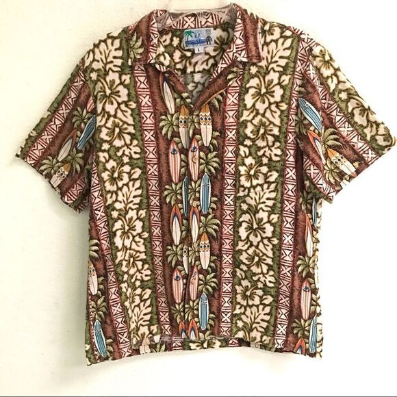 Vintage made in Hawaii hibiscus & surfboard Hawaiian shirt L - Picture 1 of 4